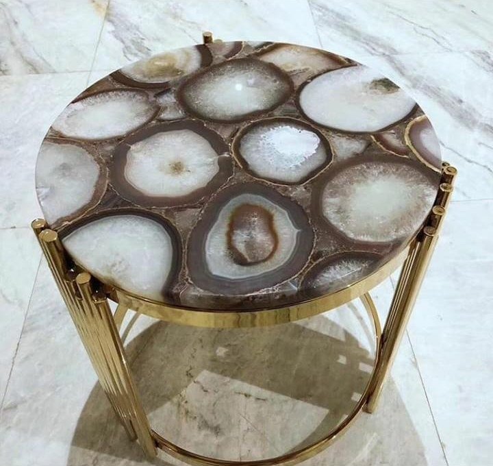 Agate Stone Top Table with PVD Gold Fluted Frame