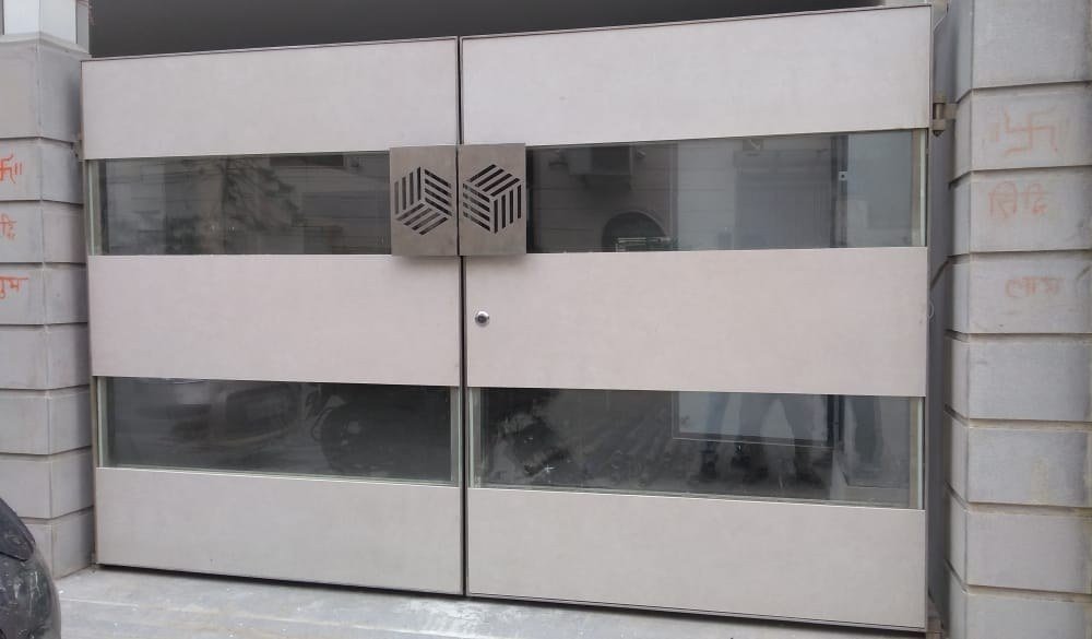 Grey Panel Gate with Glass Strips & Laser-Cut Handles