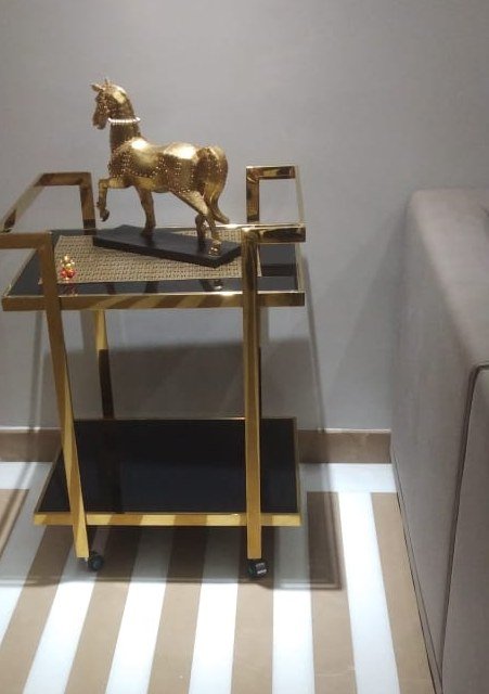 PVD Gold SS Bar Trolley with Black Glass Shelves